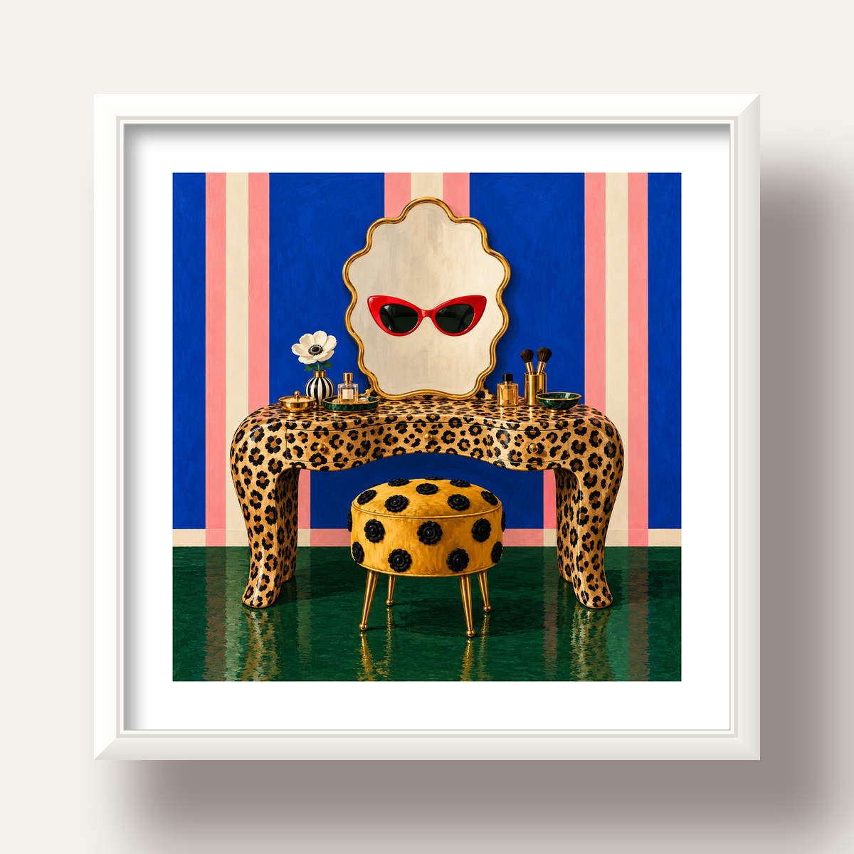 Leopar Desenli Makyaj Masası Poster – Modern ve Havalı Dekor — beyaz derin çerçeveli paspartulu