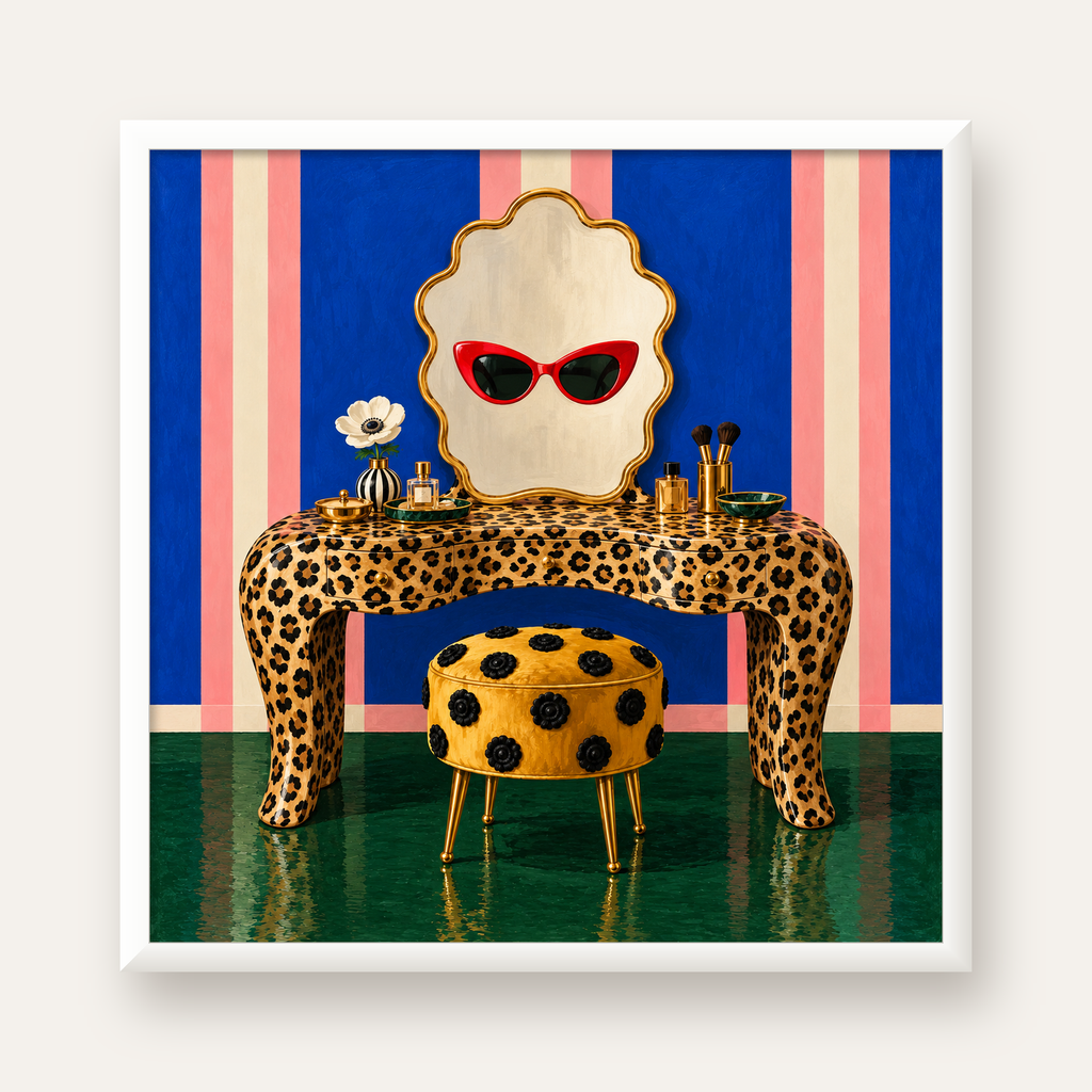 Leopar Desenli Makyaj Masası Poster – Modern ve Havalı Dekor — beyaz çerçeveli kare poster