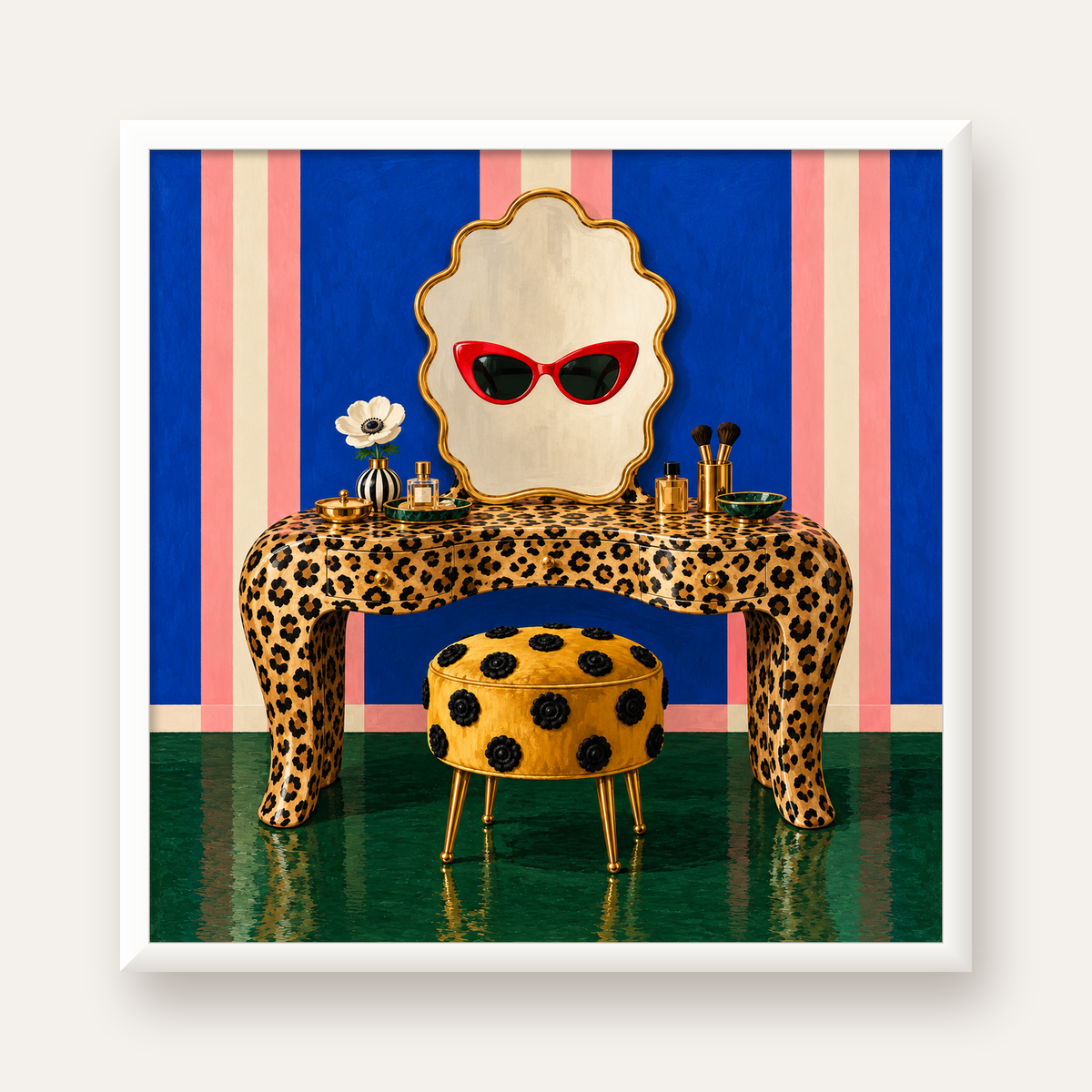 Leopar Desenli Makyaj Masası Poster – Modern ve Havalı Dekor — beyaz çerçeveli kare poster
