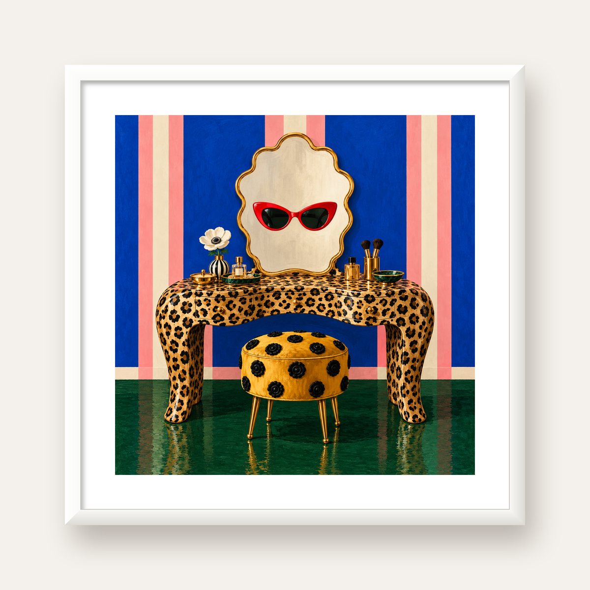 Leopar Desenli Makyaj Masası Poster – Modern ve Havalı Dekor — beyaz çerçeveli kare poster