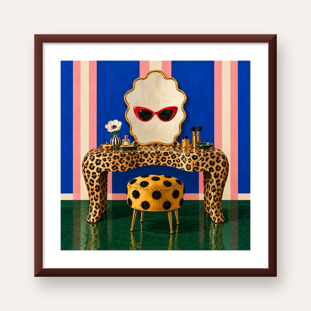 Leopar Desenli Makyaj Masası Poster – Modern ve Havalı Dekor — ceviz çerçeveli paspartulu