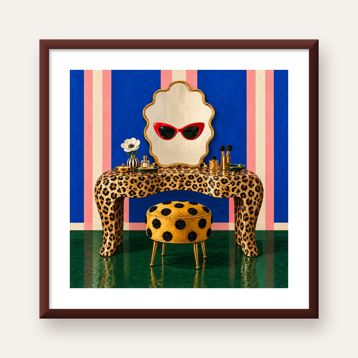 Leopar Desenli Makyaj Masası Poster – Modern ve Havalı Dekor — ceviz çerçeveli paspartulu