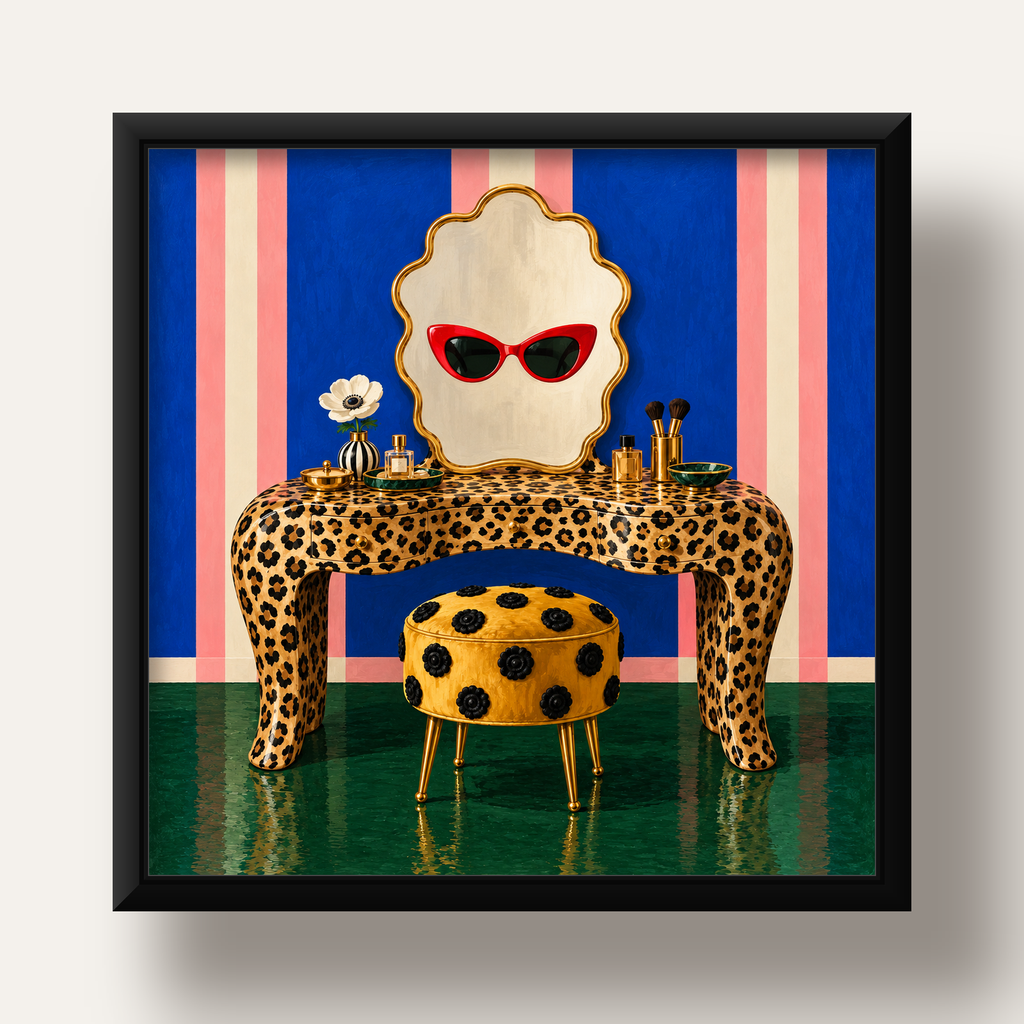 Leopar Desenli Makyaj Masası Poster – Modern ve Havalı Dekor — siyah derin çerçeveli