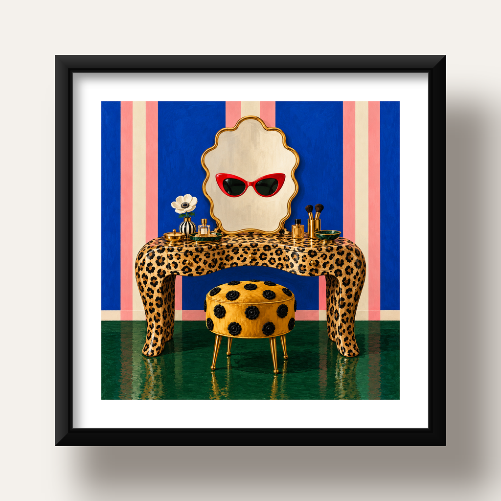 Leopar Desenli Makyaj Masası Poster – Modern ve Havalı Dekor — siyah derin çerçeveli paspartulu