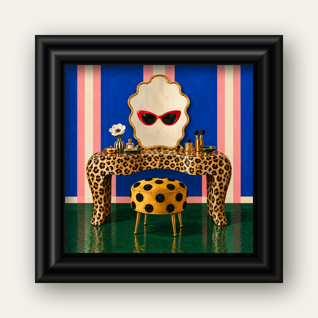 Leopar Desenli Makyaj Masası Poster – Modern ve Havalı Dekor — siyah galeri çerçeveli