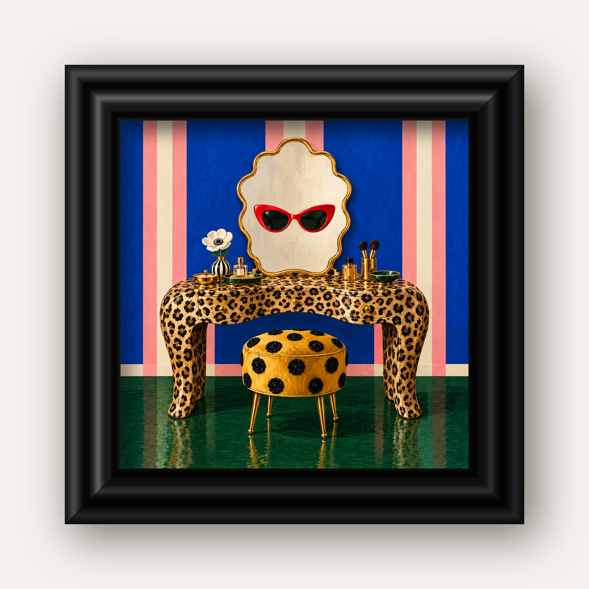 Leopar Desenli Makyaj Masası Poster – Modern ve Havalı Dekor — siyah galeri çerçeveli