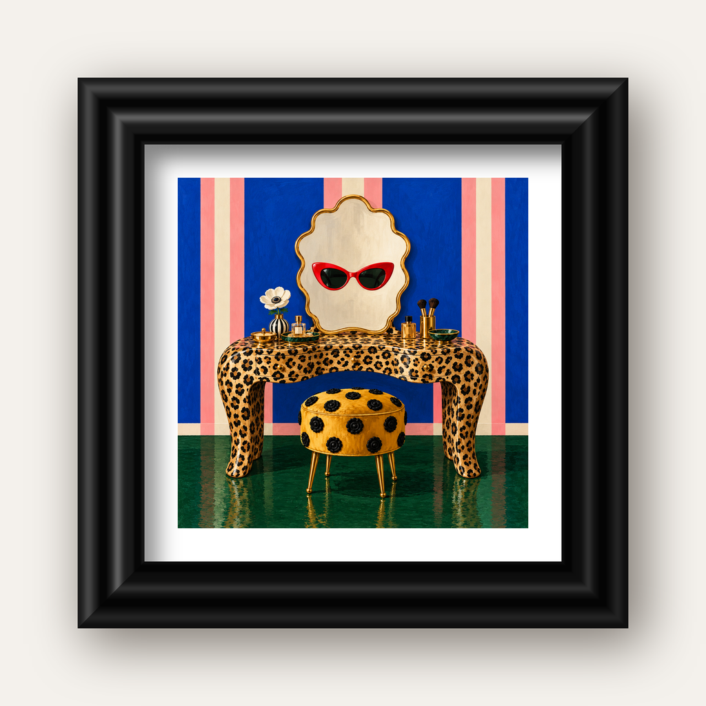 Leopar Desenli Makyaj Masası Poster – Modern ve Havalı Dekor — siyah galeri çerçeveli paspartulu