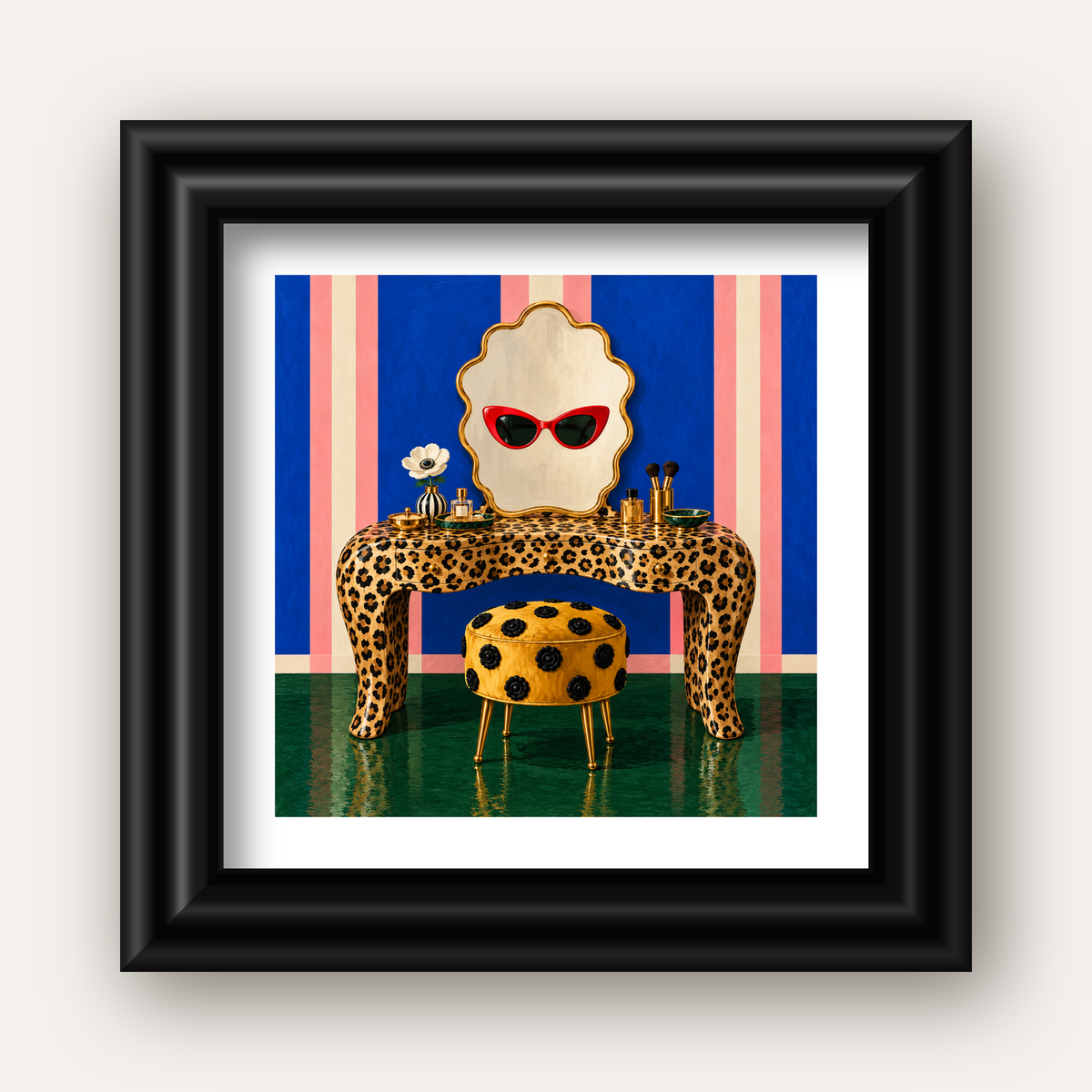 Leopar Desenli Makyaj Masası Poster – Modern ve Havalı Dekor — siyah galeri çerçeveli paspartulu