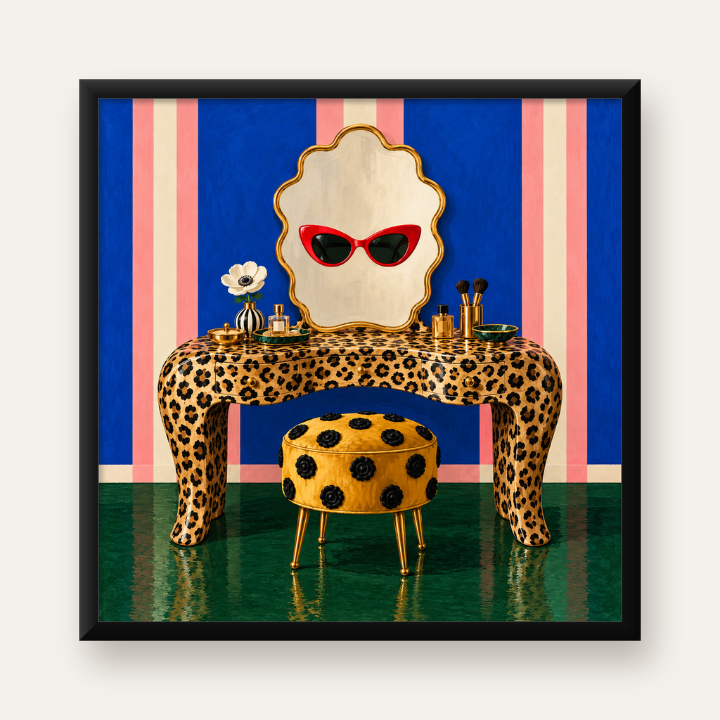 Leopar Desenli Makyaj Masası Poster – Modern ve Havalı Dekor — Kare baskı, düz siyah çerçeveli duvar posteri