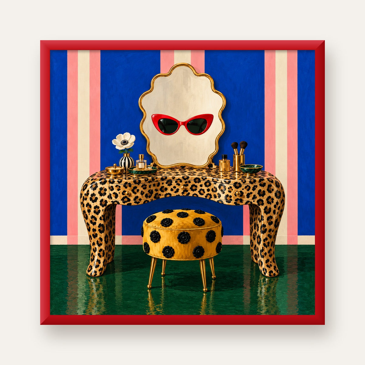 Leopar Desenli Makyaj Masası Poster – Modern ve Havalı Dekor — kırmızı çerçeveli