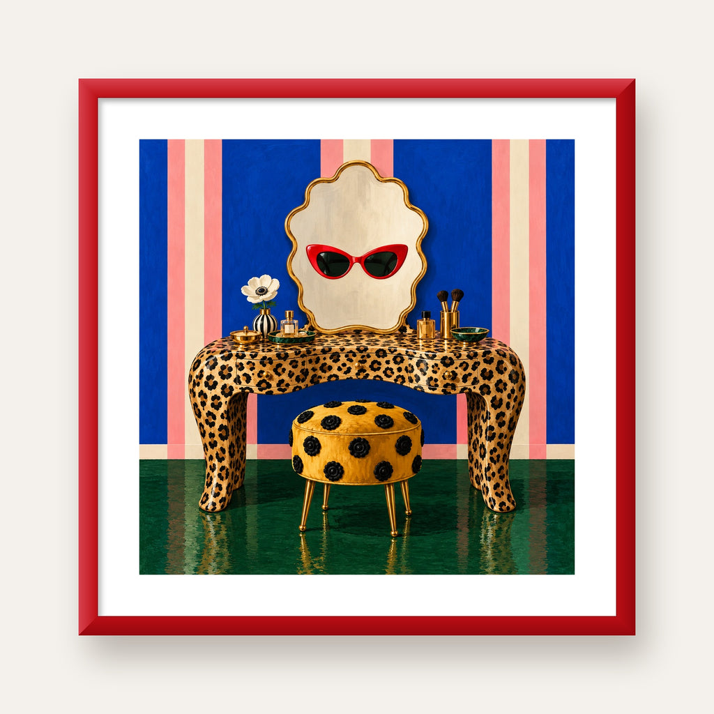 Leopar Desenli Makyaj Masası Poster – Modern ve Havalı Dekor — kırmızı çerçeveli paspartulu