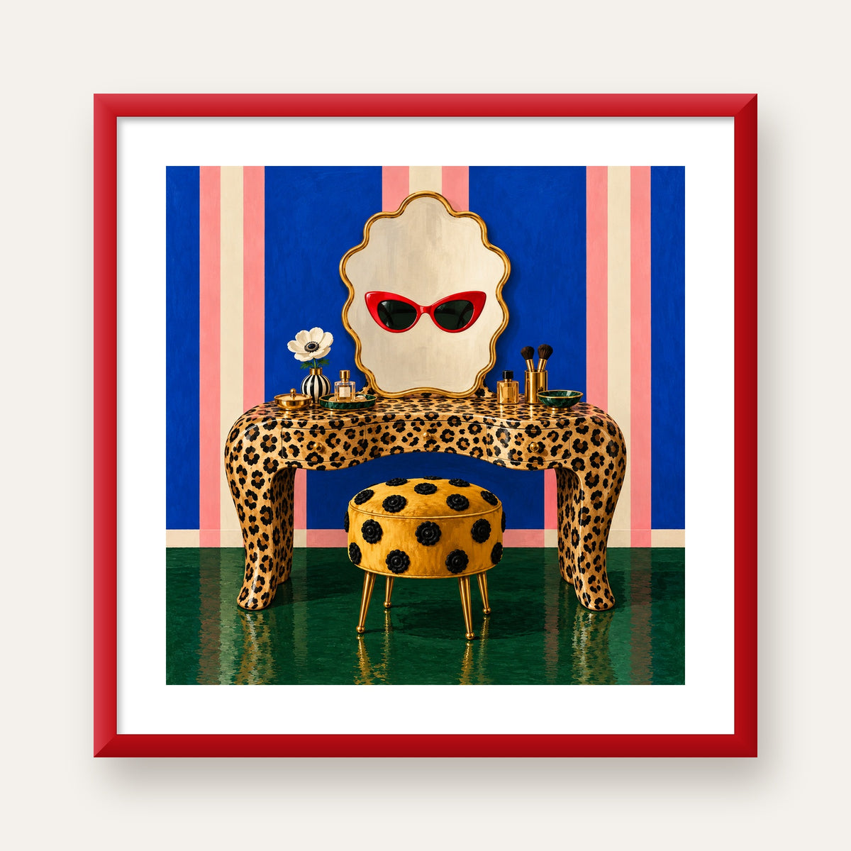 Leopar Desenli Makyaj Masası Poster – Modern ve Havalı Dekor — kırmızı çerçeveli paspartulu