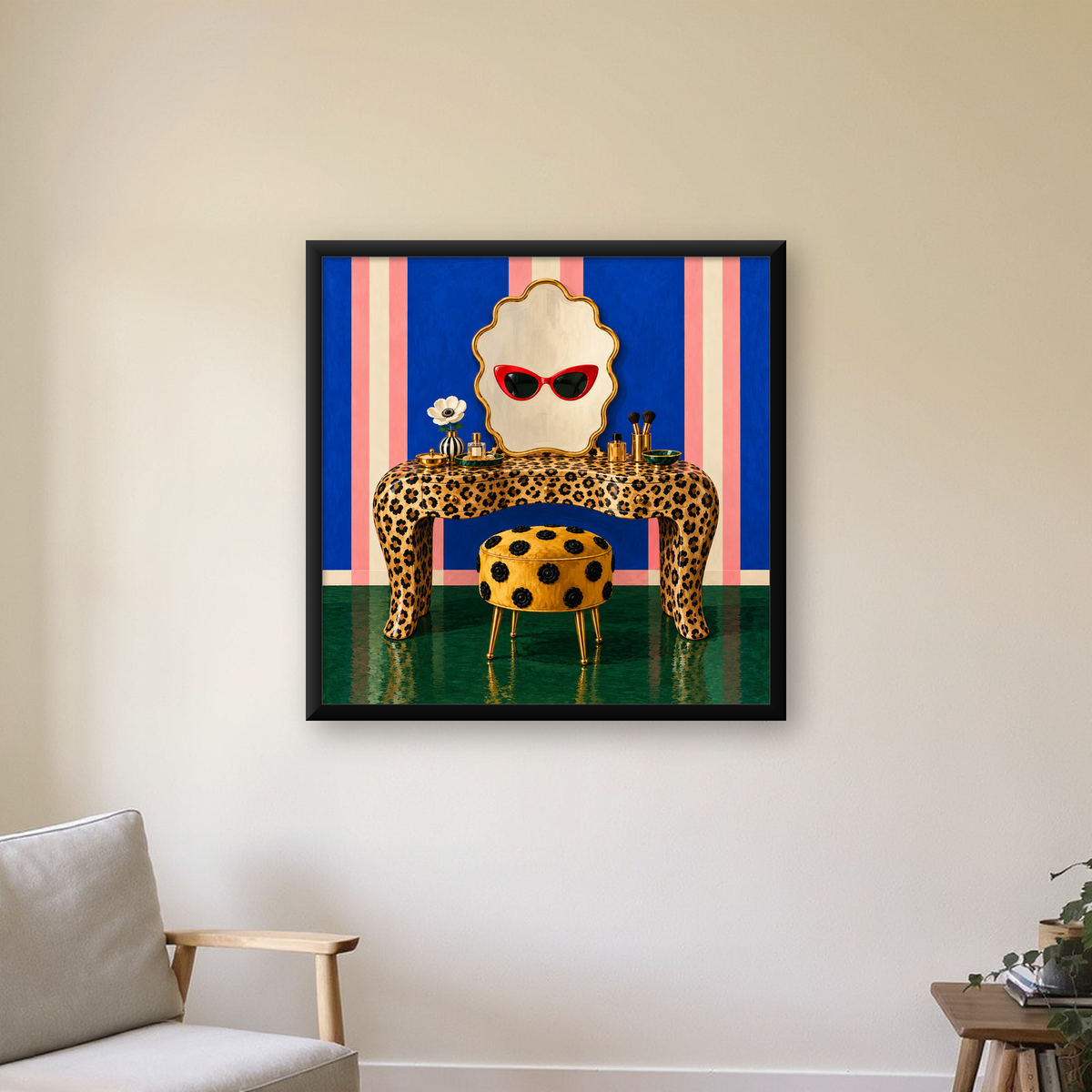 Leopar Desenli Makyaj Masası Poster – Modern ve Havalı Dekor — Kare baskı, çerçeveli hâliyle bir ev duvarında