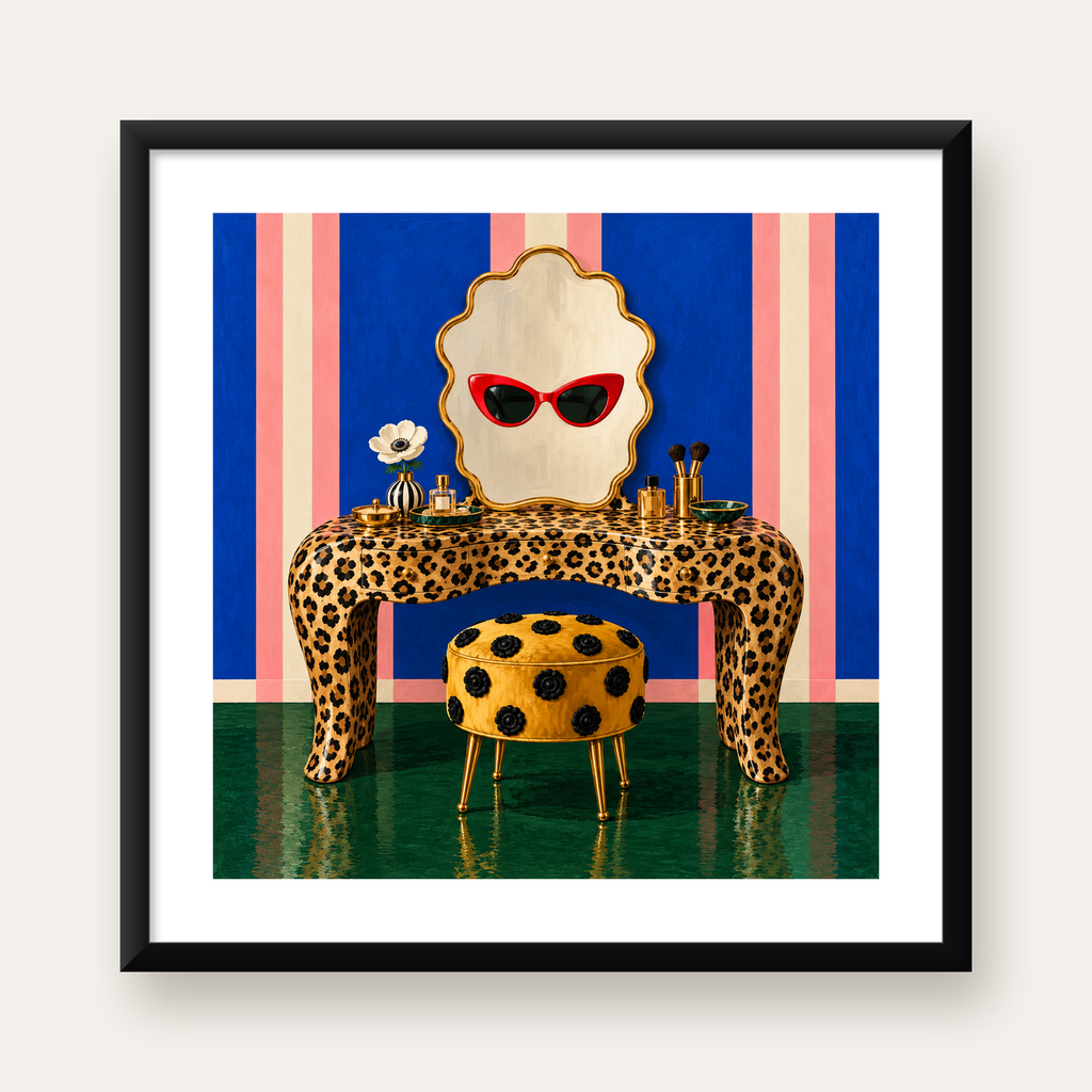 Leopar Desenli Makyaj Masası Poster – Modern ve Havalı Dekor — Kare baskı, beyaz paspartulu