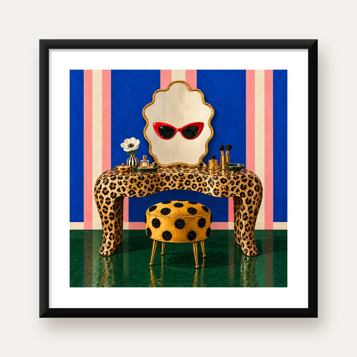 Leopar Desenli Makyaj Masası Poster – Modern ve Havalı Dekor — Kare baskı, beyaz paspartulu