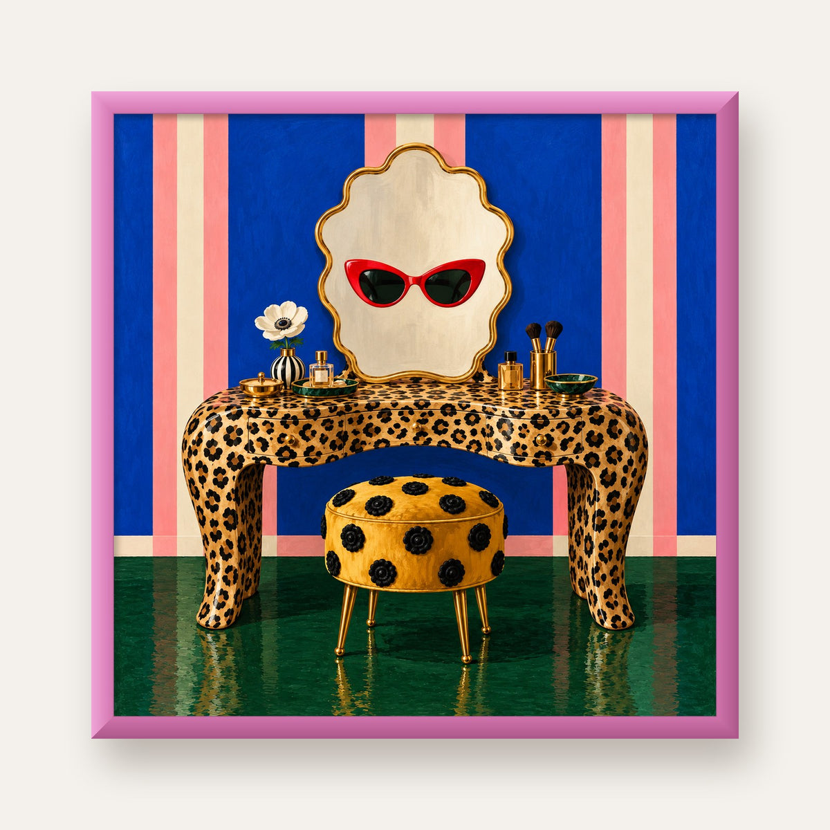 Leopar Desenli Makyaj Masası Poster – Modern ve Havalı Dekor — pembe çerçeveli