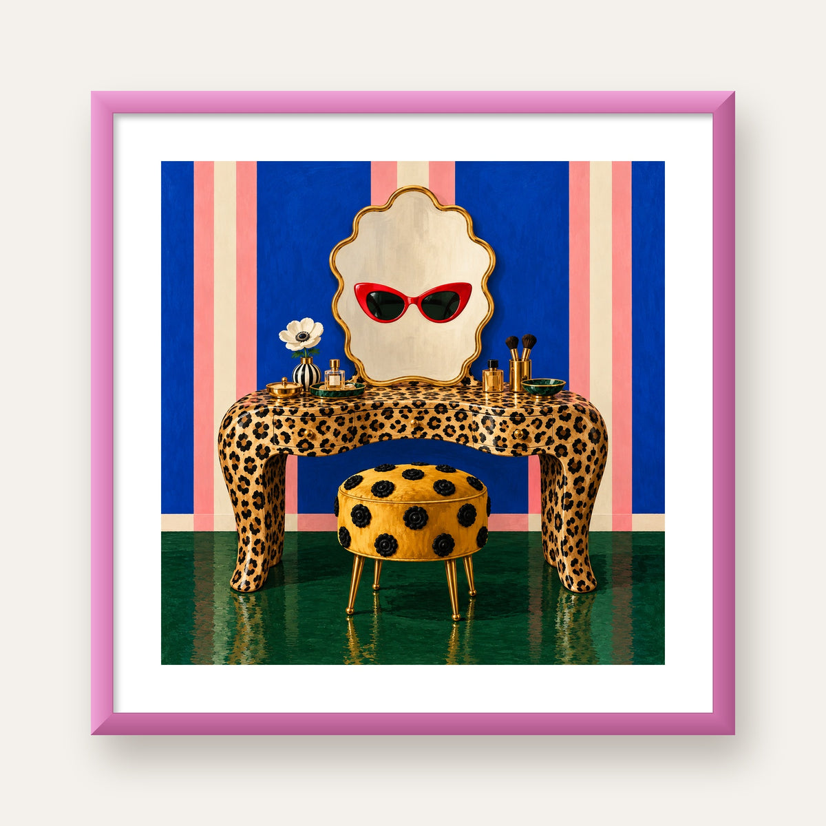Leopar Desenli Makyaj Masası Poster – Modern ve Havalı Dekor — pembe çerçeveli paspartulu