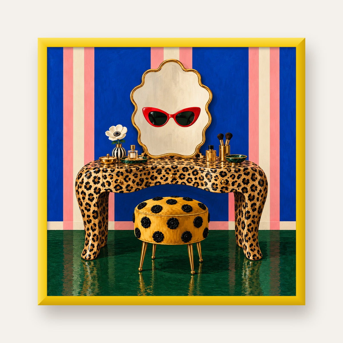 Leopar Desenli Makyaj Masası Poster – Modern ve Havalı Dekor — sarı çerçeveli