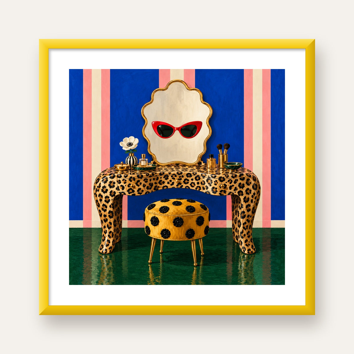 Leopar Desenli Makyaj Masası Poster – Modern ve Havalı Dekor — sarı çerçeveli paspartulu
