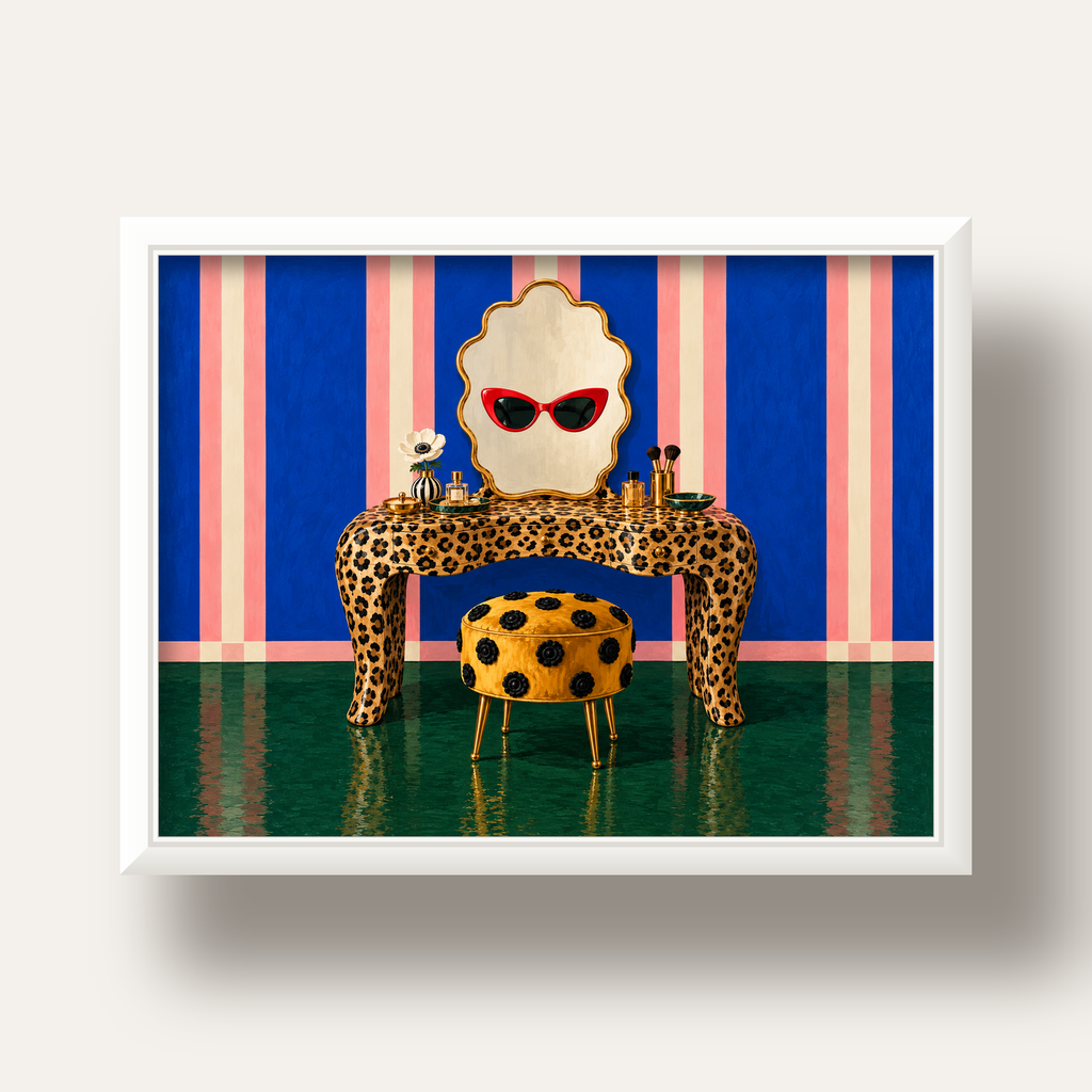 Leopar Desenli Makyaj Masası Poster – Modern ve Havalı Dekor — beyaz derin çerçeveli