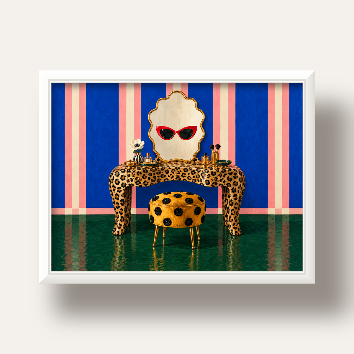 Leopar Desenli Makyaj Masası Poster – Modern ve Havalı Dekor — beyaz derin çerçeveli
