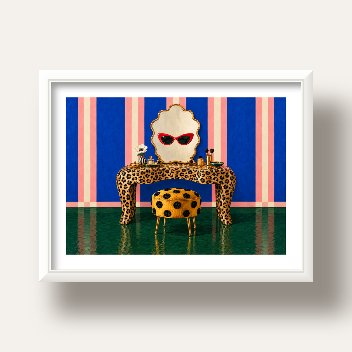 Leopar Desenli Makyaj Masası Poster – Modern ve Havalı Dekor — beyaz derin çerçeveli paspartulu