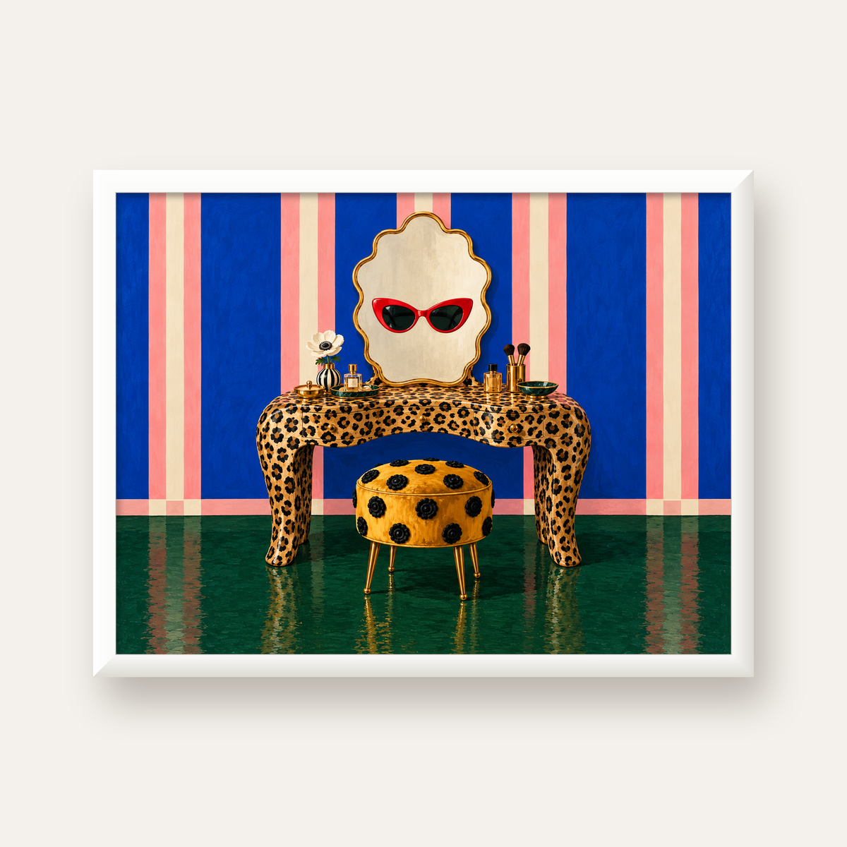 Leopar Desenli Makyaj Masası Poster – Modern ve Havalı Dekor — beyaz çerçeveli yatay poster