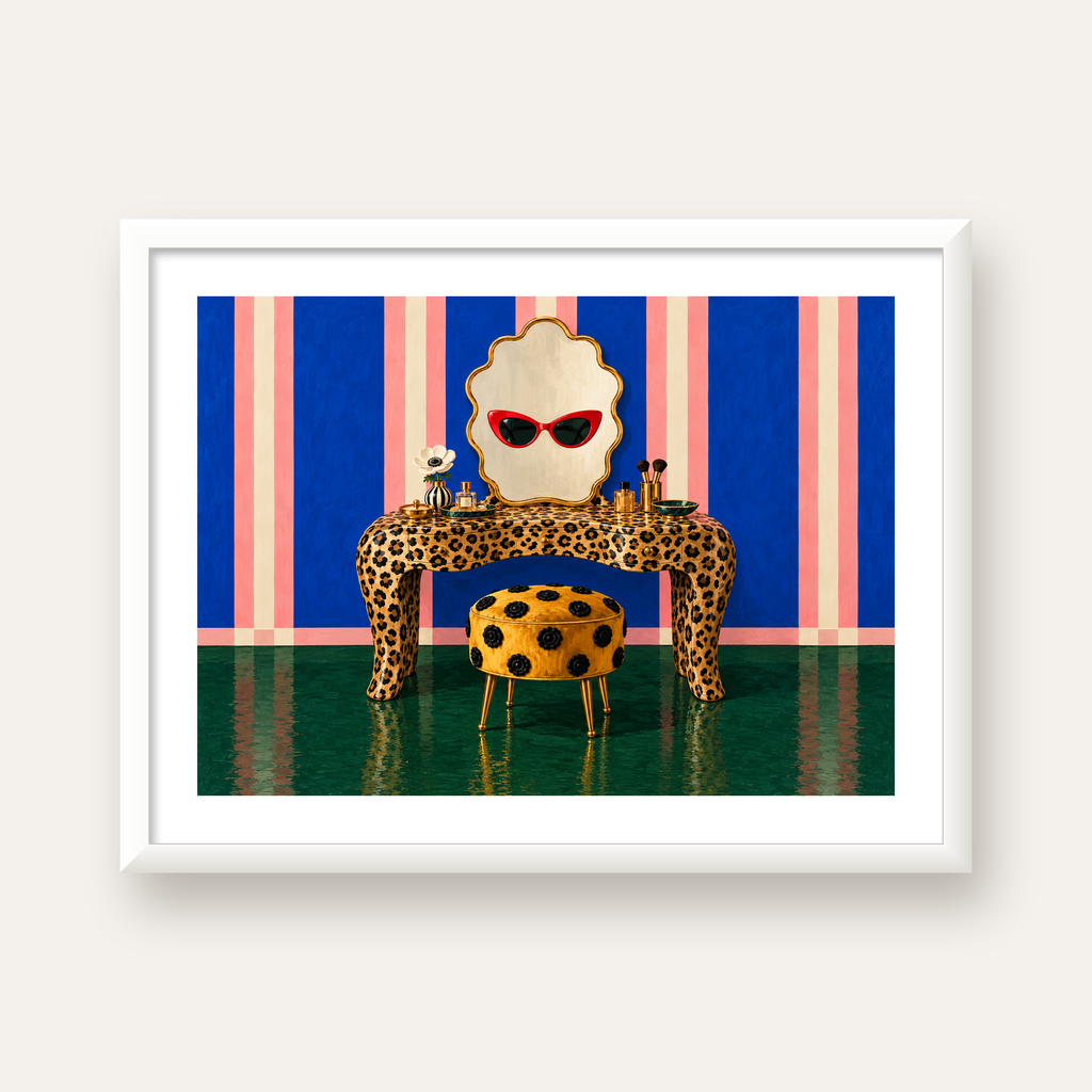 Leopar Desenli Makyaj Masası Poster – Modern ve Havalı Dekor — beyaz çerçeveli yatay poster