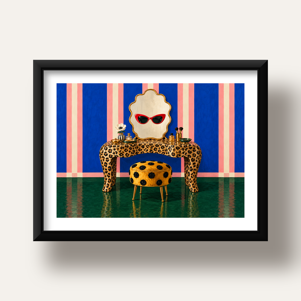 Leopar Desenli Makyaj Masası Poster – Modern ve Havalı Dekor — siyah derin çerçeveli paspartulu