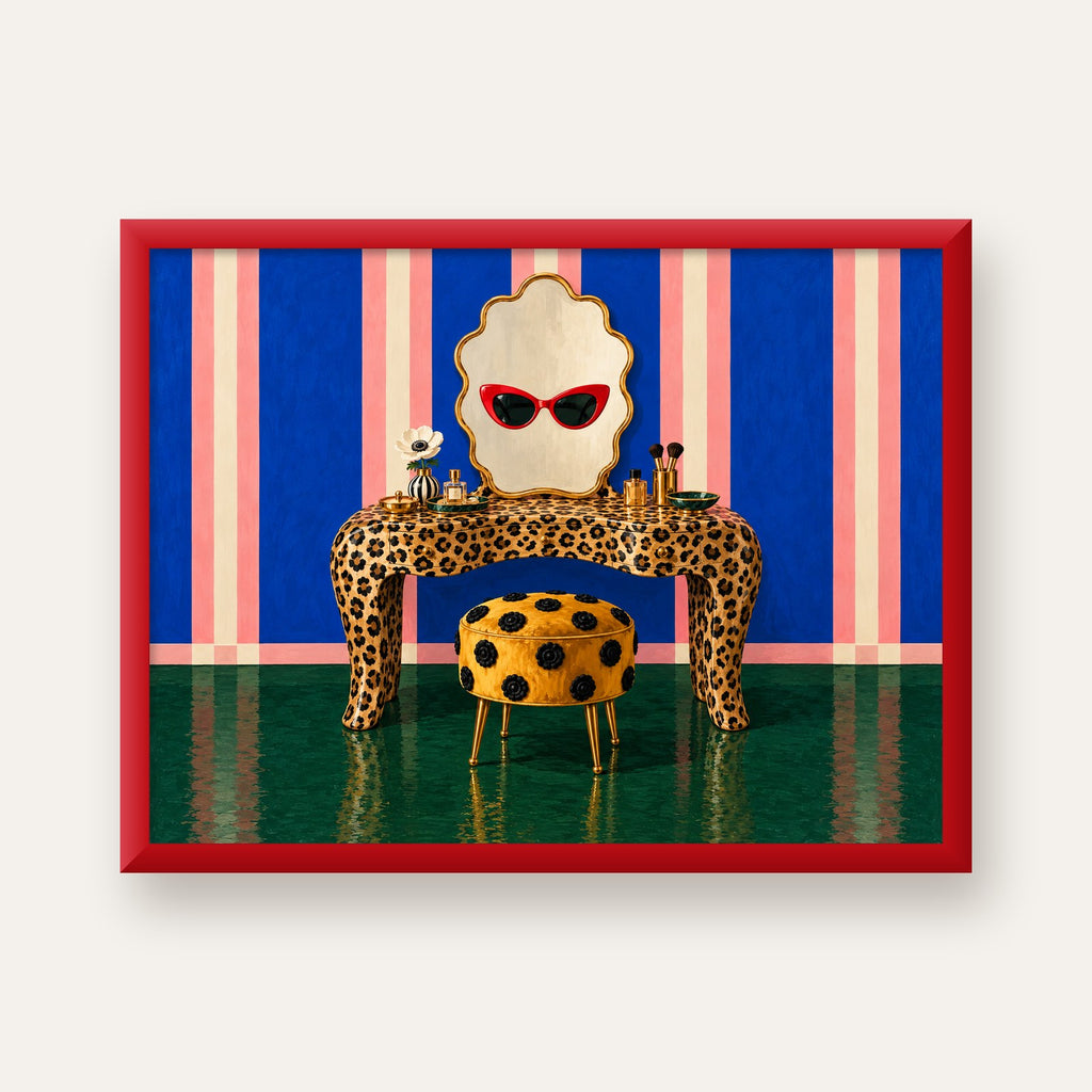 Leopar Desenli Makyaj Masası Poster – Modern ve Havalı Dekor — kırmızı çerçeveli