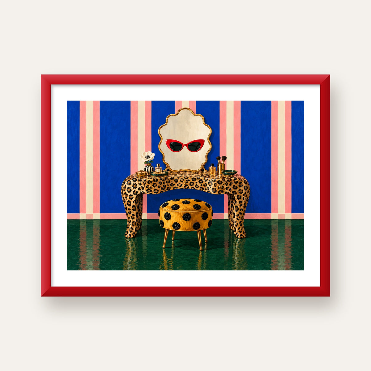 Leopar Desenli Makyaj Masası Poster – Modern ve Havalı Dekor — kırmızı çerçeveli paspartulu