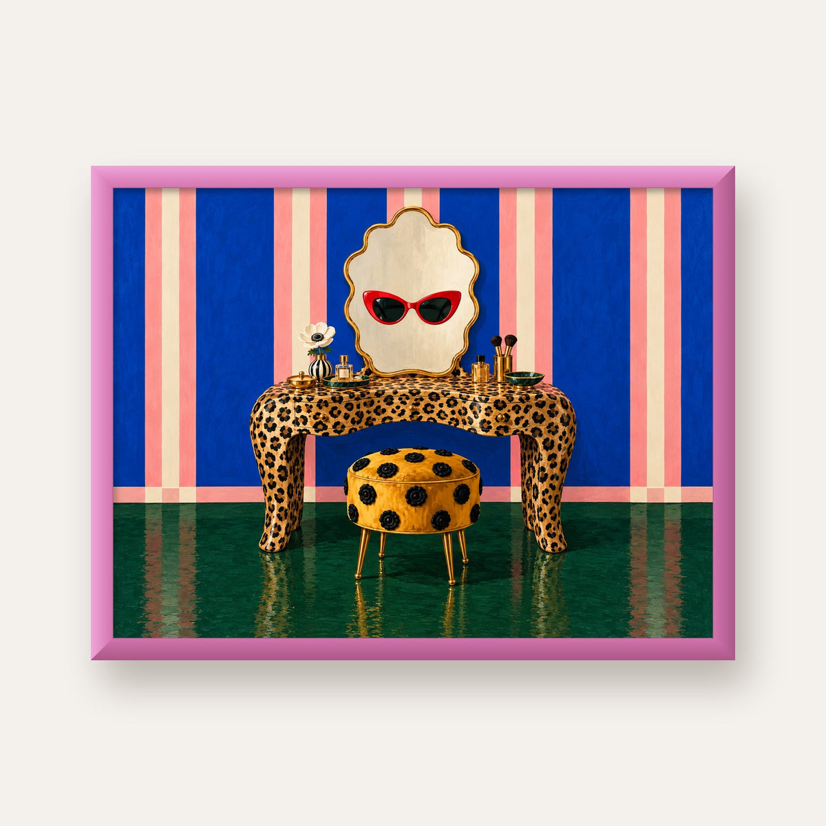 Leopar Desenli Makyaj Masası Poster – Modern ve Havalı Dekor — pembe çerçeveli