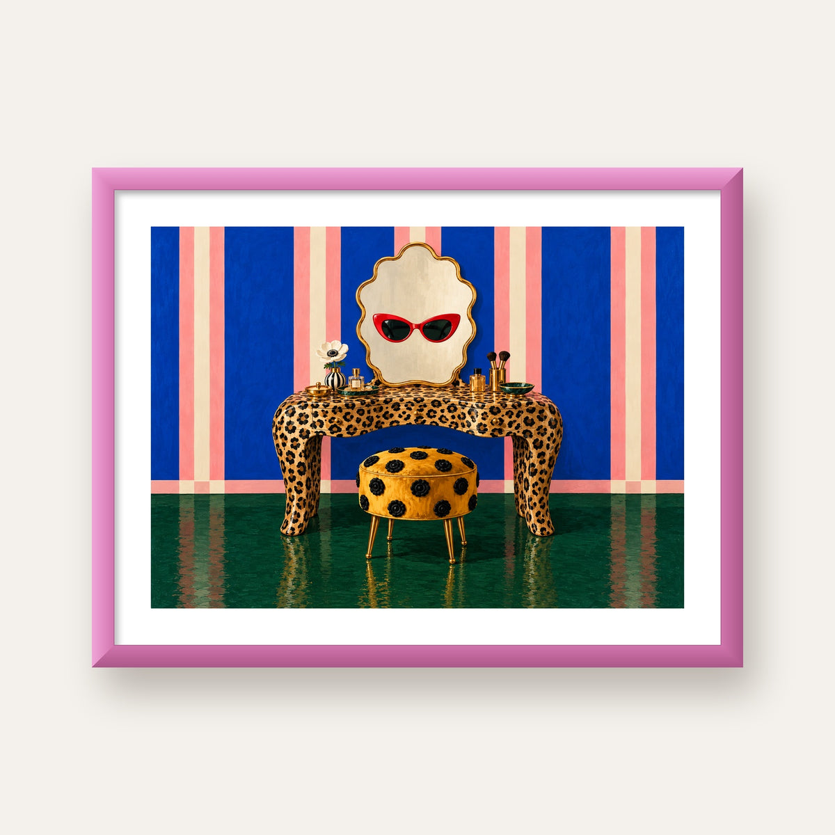 Leopar Desenli Makyaj Masası Poster – Modern ve Havalı Dekor — pembe çerçeveli paspartulu