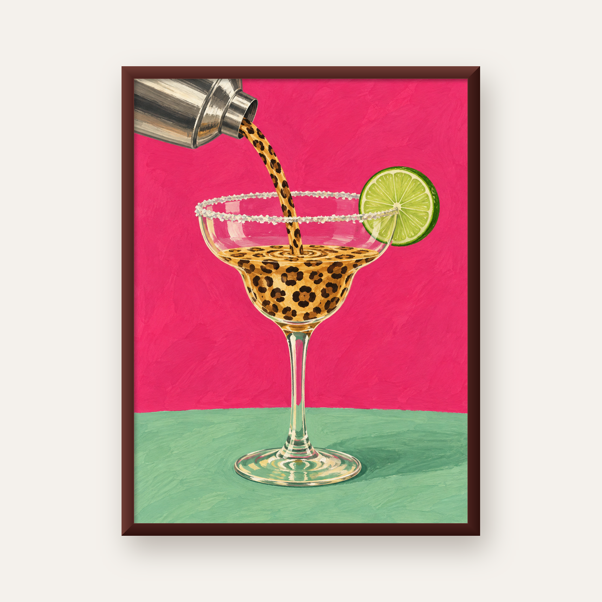 Leopar Desenli Kokteyl Poster – Canlı Pembe Akrilik Stil — ceviz çerçeveli