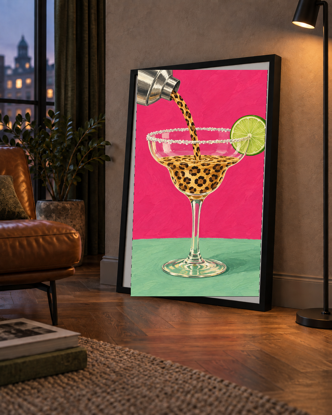 Leopar Desenli Kokteyl Poster – Canlı Pembe Akrilik Stil