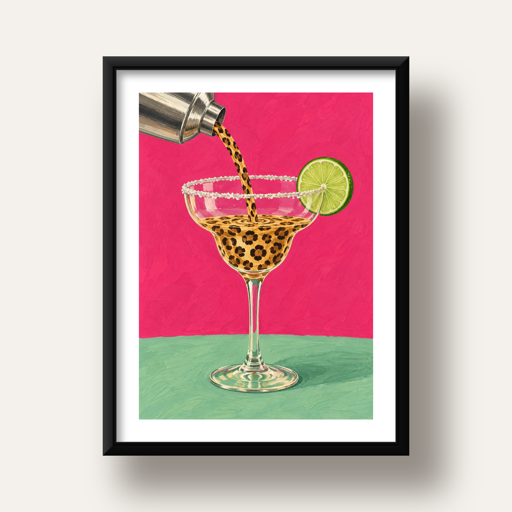 Leopar Desenli Kokteyl Poster – Canlı Pembe Akrilik Stil — siyah derin çerçeveli paspartulu