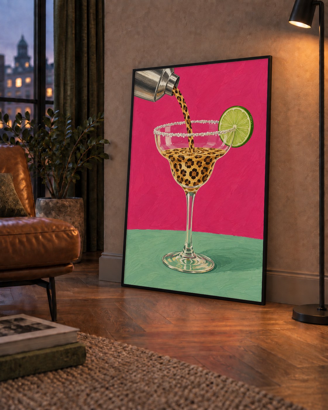 Leopar Desenli Kokteyl Poster – Canlı Pembe Akrilik Stil — çerçeveli hâliyle bir ev duvarında