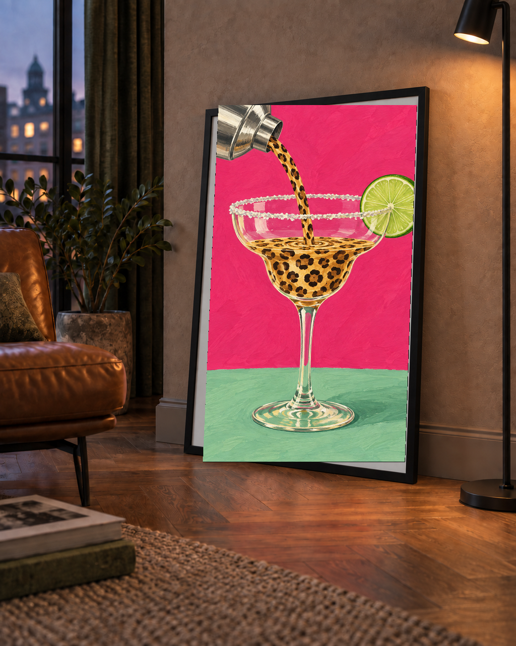 Leopar Desenli Kokteyl Poster – Canlı Pembe Akrilik Stil