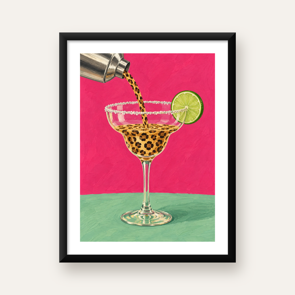 Leopar Desenli Kokteyl Poster – Canlı Pembe Akrilik Stil — Dikey baskı, beyaz paspartulu