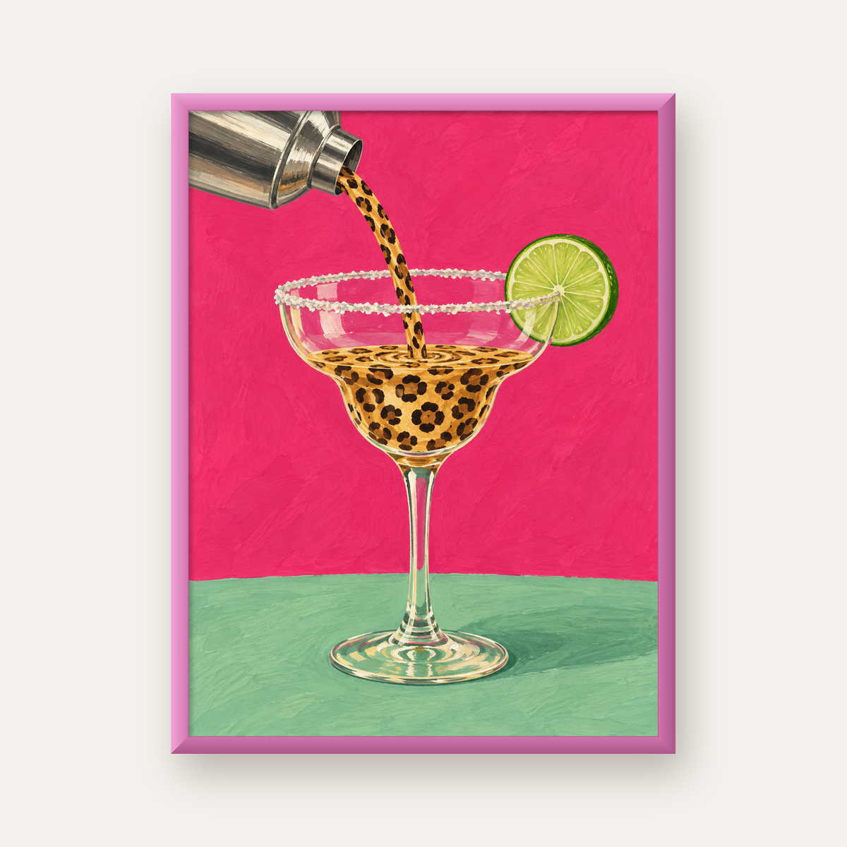 Leopar Desenli Kokteyl Poster – Canlı Pembe Akrilik Stil — pembe çerçeveli