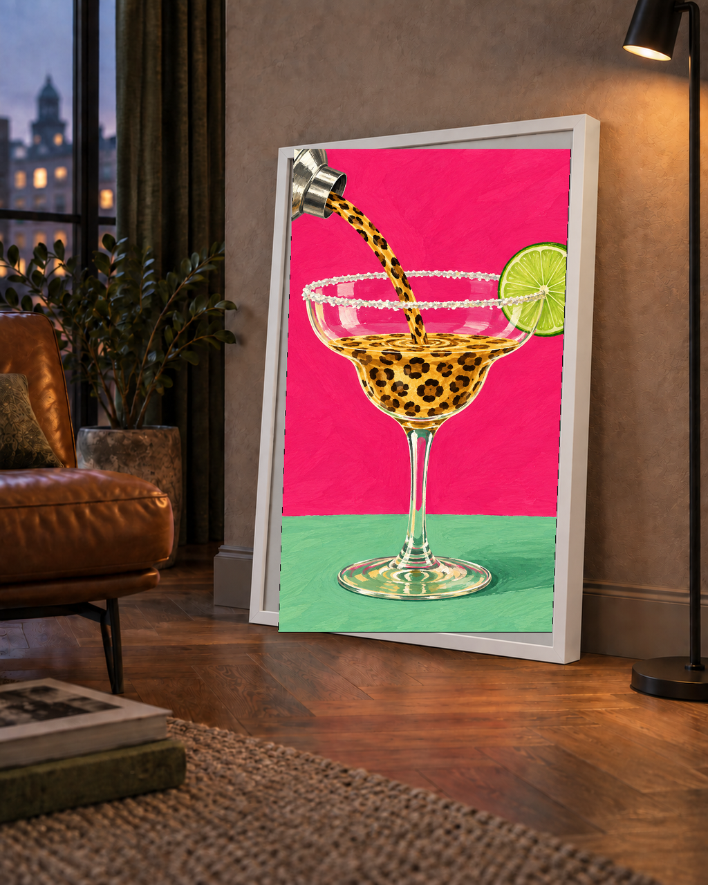 Leopar Desenli Kokteyl Poster – Canlı Pembe Akrilik Stil