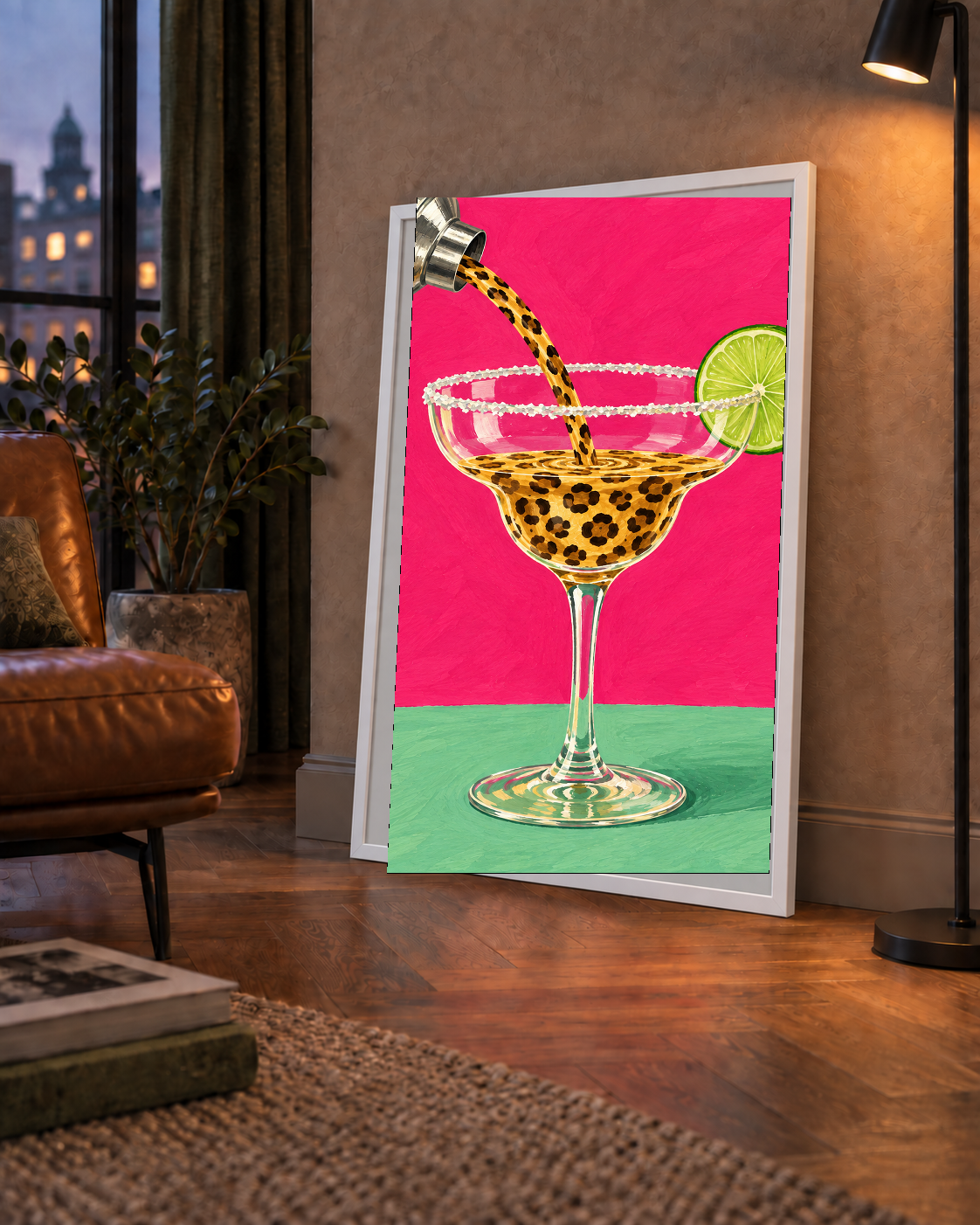 Leopar Desenli Kokteyl Poster – Canlı Pembe Akrilik Stil