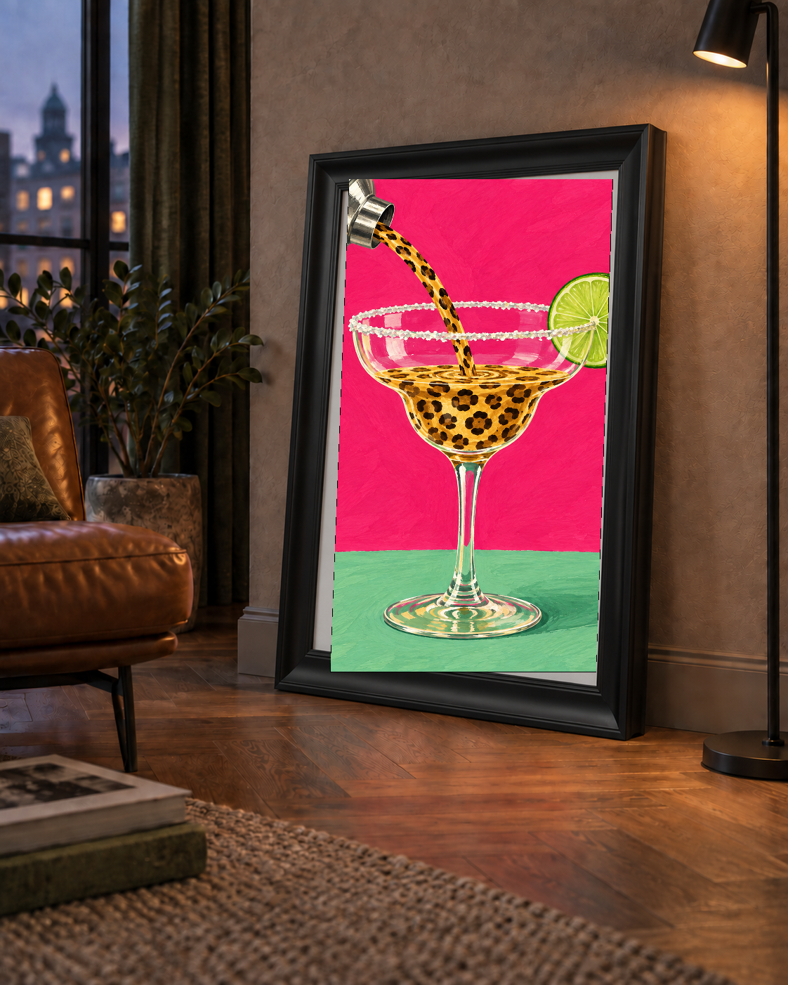 Leopar Desenli Kokteyl Poster – Canlı Pembe Akrilik Stil