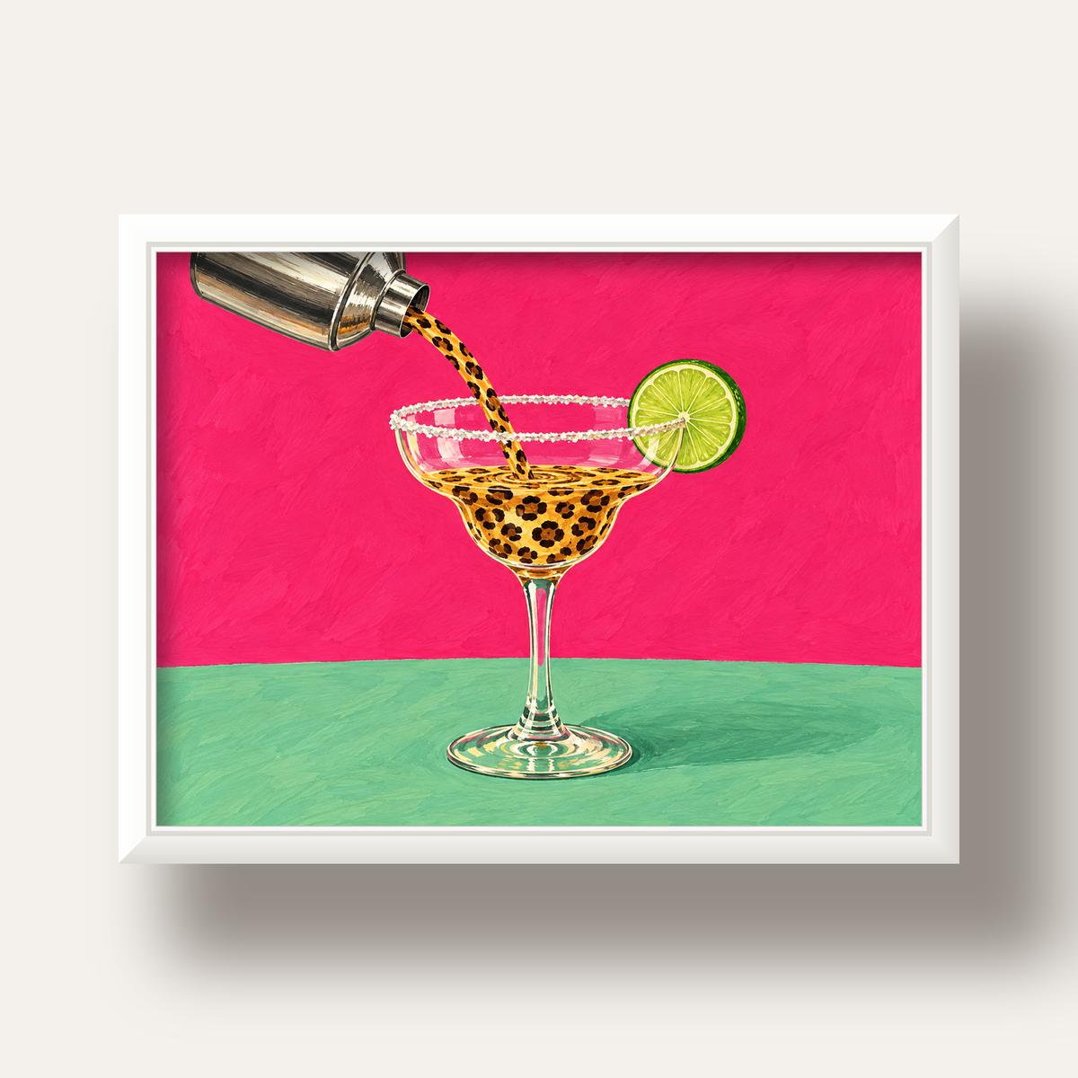 Leopar Desenli Kokteyl Poster – Canlı Pembe Akrilik Stil — beyaz derin çerçeveli