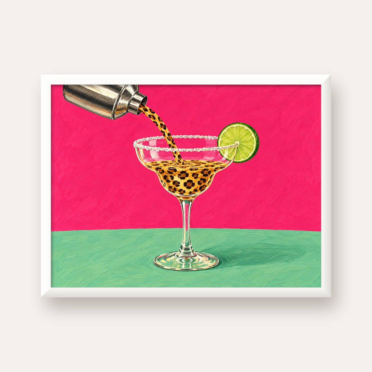 Leopar Desenli Kokteyl Poster – Canlı Pembe Akrilik Stil — beyaz çerçeveli yatay poster