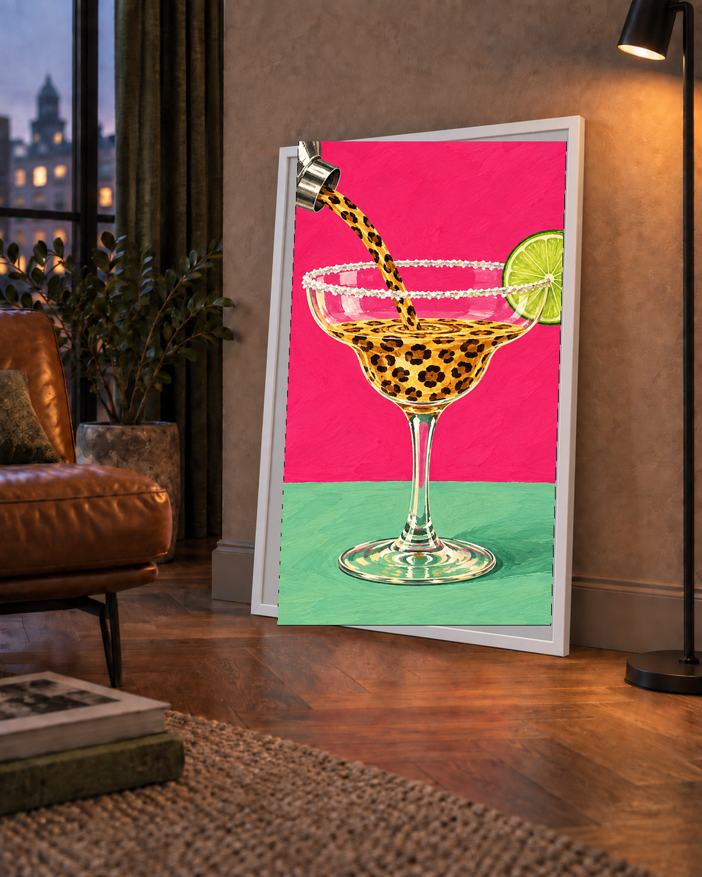 Leopar Desenli Kokteyl Poster – Canlı Pembe Akrilik Stil