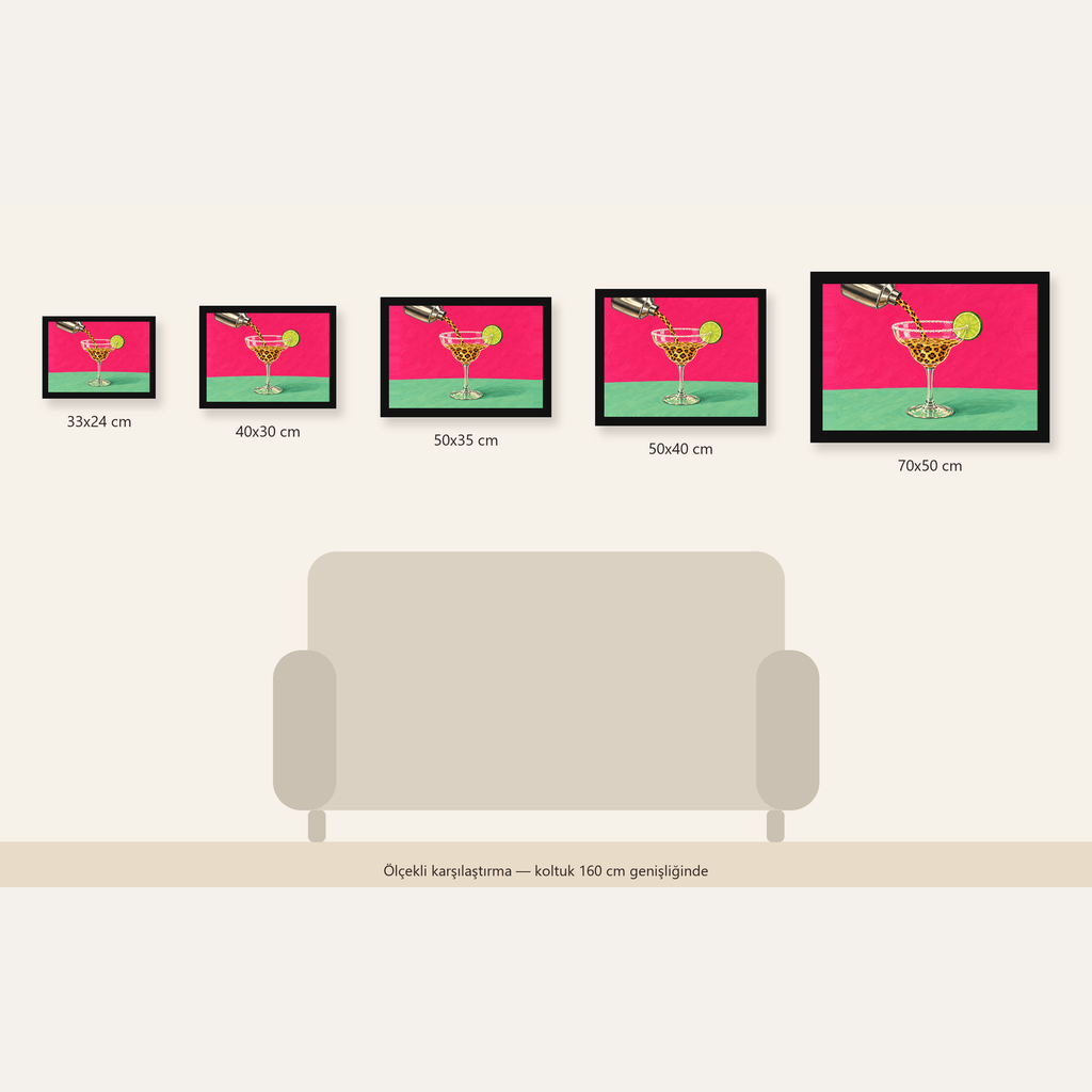 Leopar Desenli Kokteyl Poster – Canlı Pembe Akrilik Stil — Yatay ölçülerinin karşılaştırması