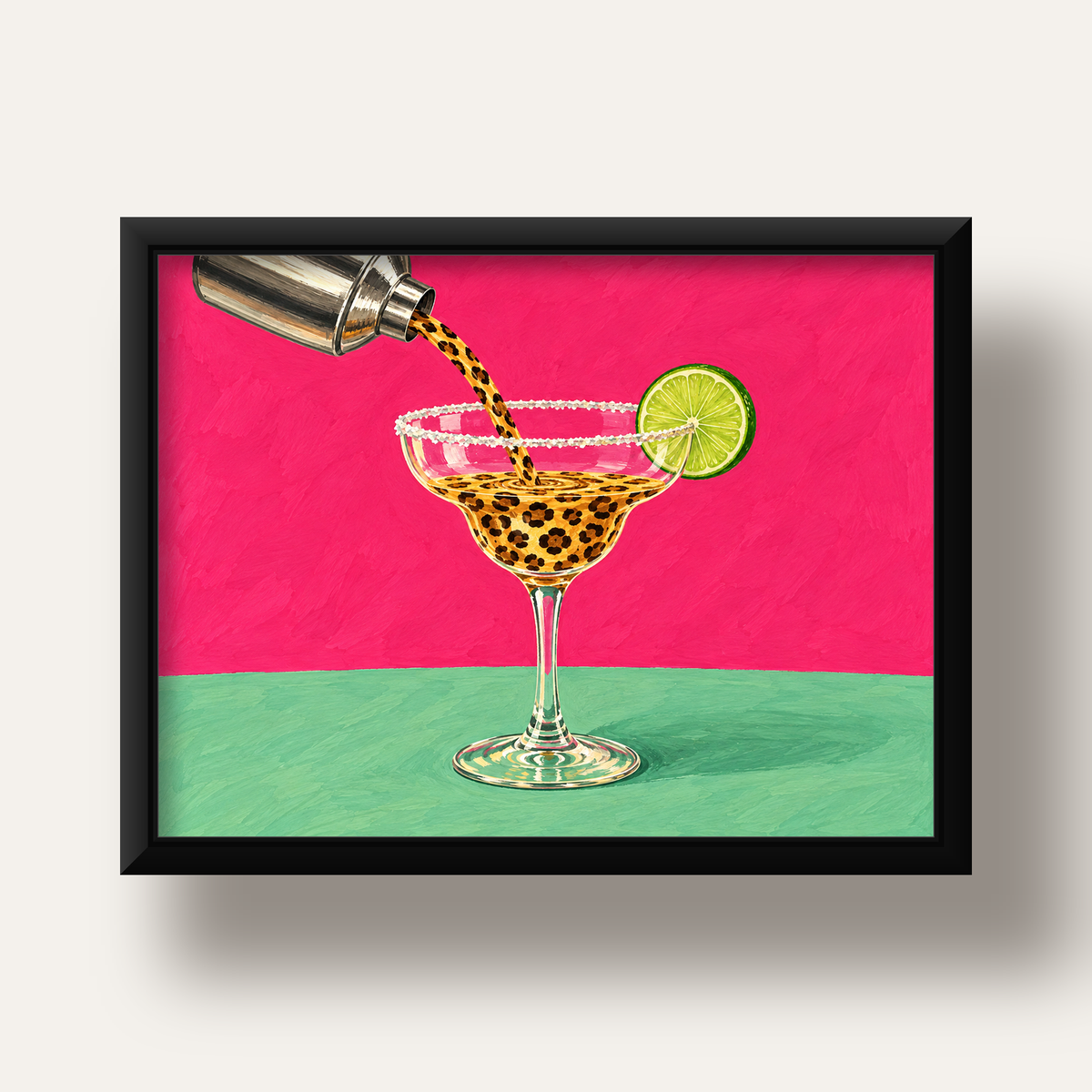 Leopar Desenli Kokteyl Poster – Canlı Pembe Akrilik Stil — siyah derin çerçeveli