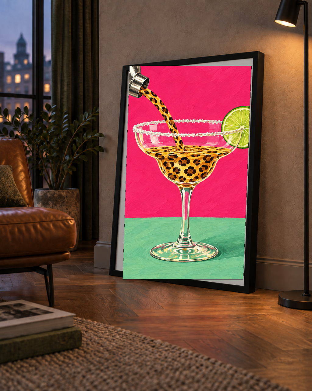 Leopar Desenli Kokteyl Poster – Canlı Pembe Akrilik Stil
