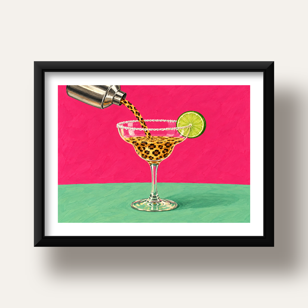 Leopar Desenli Kokteyl Poster – Canlı Pembe Akrilik Stil — siyah derin çerçeveli paspartulu